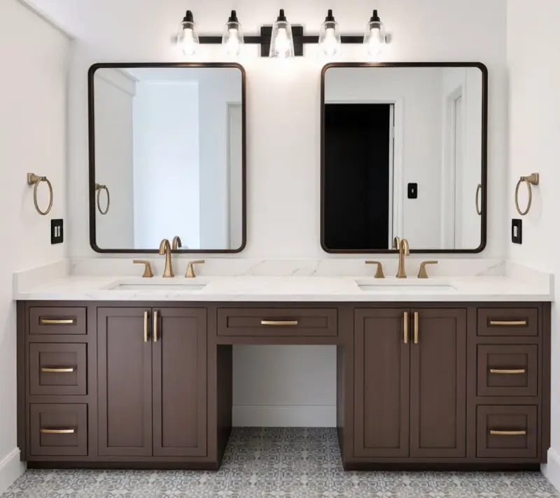 Finished double vanity with dark wood cabinets, gold pulls and faucets, a white marble-look counter, two rounded mirrors and a five-light fixture, over patterned tile floors