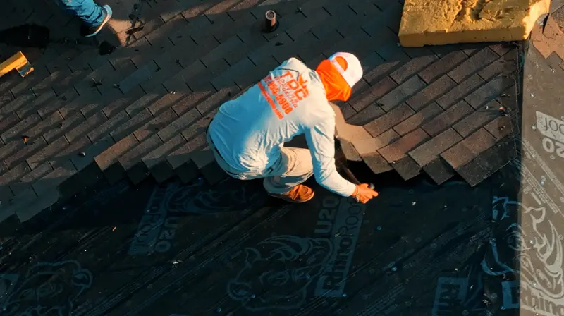 A TDC roofer in a branded long sleeve shirt and cap working on a roof deck covered in RhinoRoof U20 synthetic underlayment